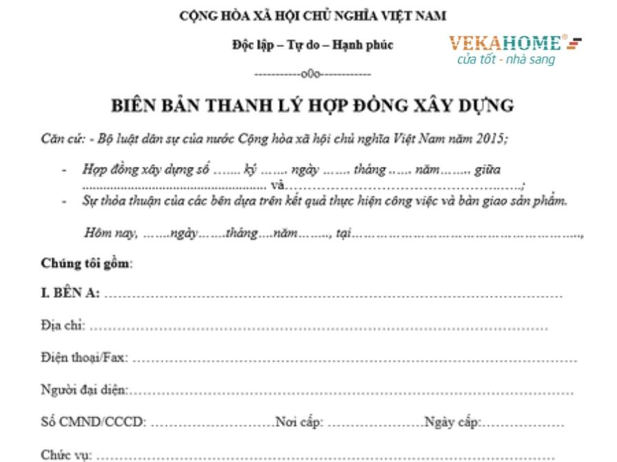 Mẫu biên bản thanh lí hợp đồng xây dựng